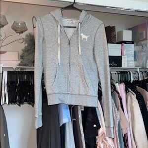 Victoria Secret PINK Hooded Sweater Jacket Gray & White Size: Small